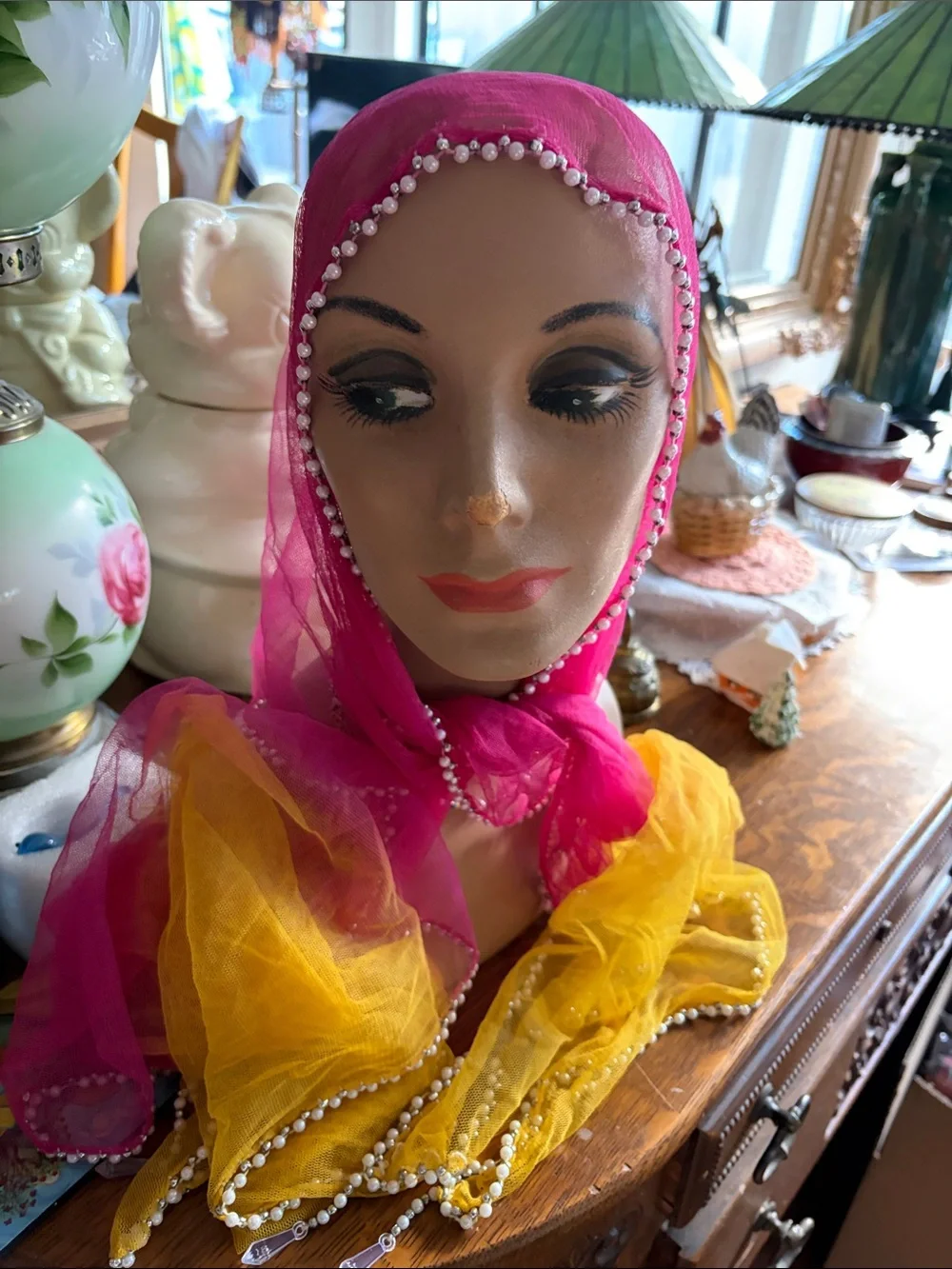 Bright Pink and Yellow Beaded Sheer Scarf - Women's Wrap
